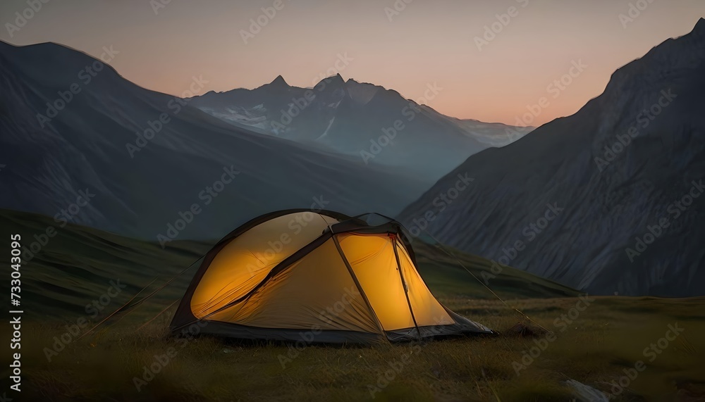 tent in landscape with sunset behind. peace, happiness and adventure concept.