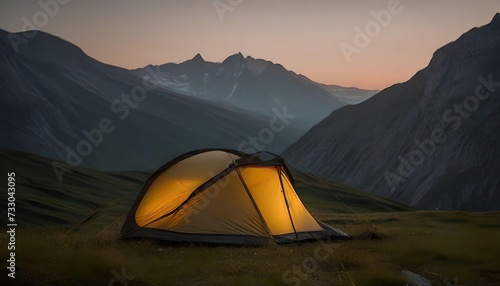 tent in landscape with sunset behind. peace, happiness and adventure concept.