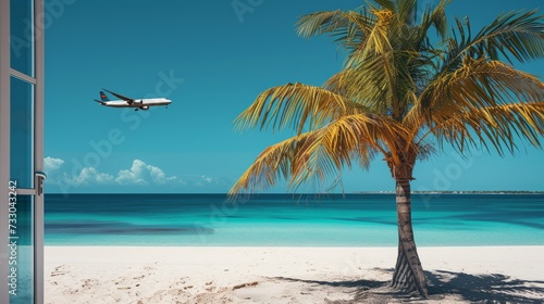 tropical landscape with airplane flying  summer vacation
