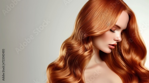 Elegant Woman with Long Shiny Wavy Red Hair