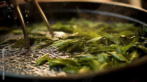 Details of tea leaves steeping in hot water photo