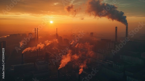 Dense white smoke and steam coming from a large manufacturing plant. Drone aerial view