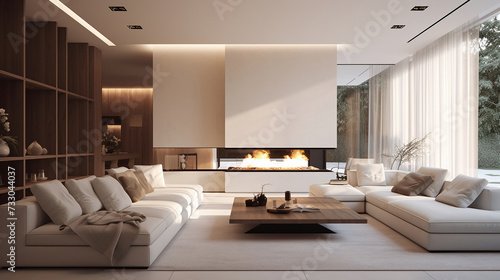 A living room decorated with furniture and white tones gives a minimalist style. Ai generate. © MOUNTAIN
