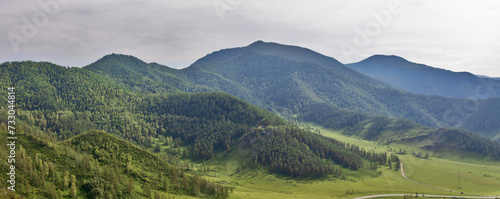 panorama with dark green mountains under grey sky