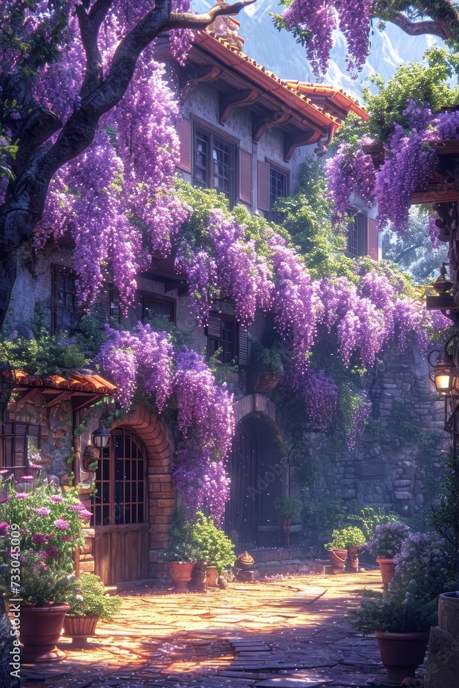 Fototapeta premium The Wisteria sinensis plant with lilac flowers decorates the entrance to the house. 3d illustration