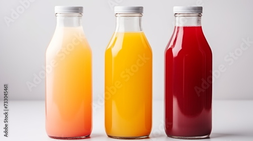 Assorted Fresh Fruit Juices in Glass Bottles - Gradient colors from pale to deep showcasing a variety of natural juice flavors on a clean, white background.