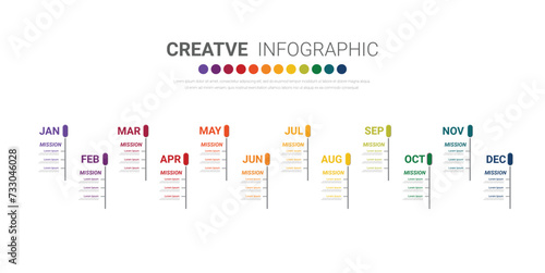 Presentation business infographic template, Timeline for 12 months, 1 year, can be used for workflow, process diagram, flow chart.