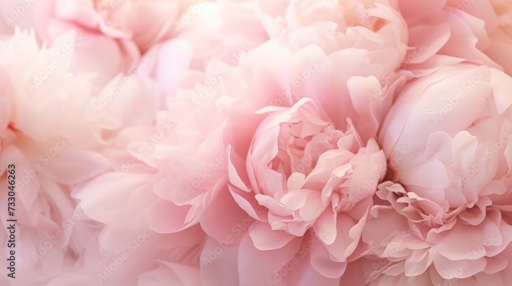 Romantic banner, delicate white peonies flowers close-up. Fragrant pink petals, generative ai, 