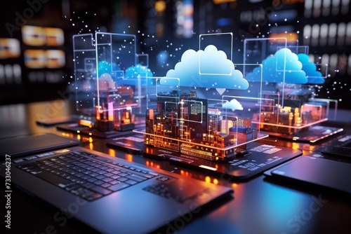 Visual representation of a smart city with digital cloud computing infrastructure over a laptop.