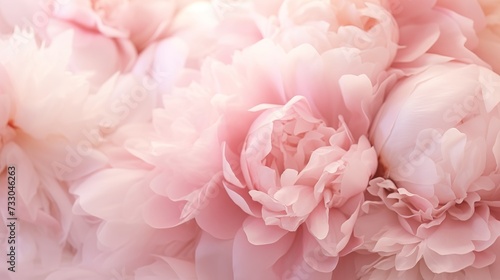 Romantic banner  delicate white peonies flowers close-up. Fragrant pink petals  generative ai  