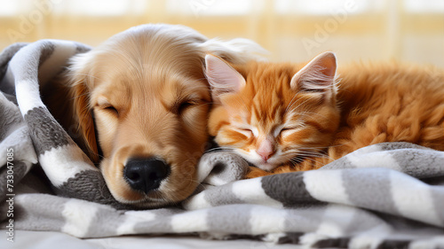 A dog and cat cuddle together under a blanket, epitomizing friendship