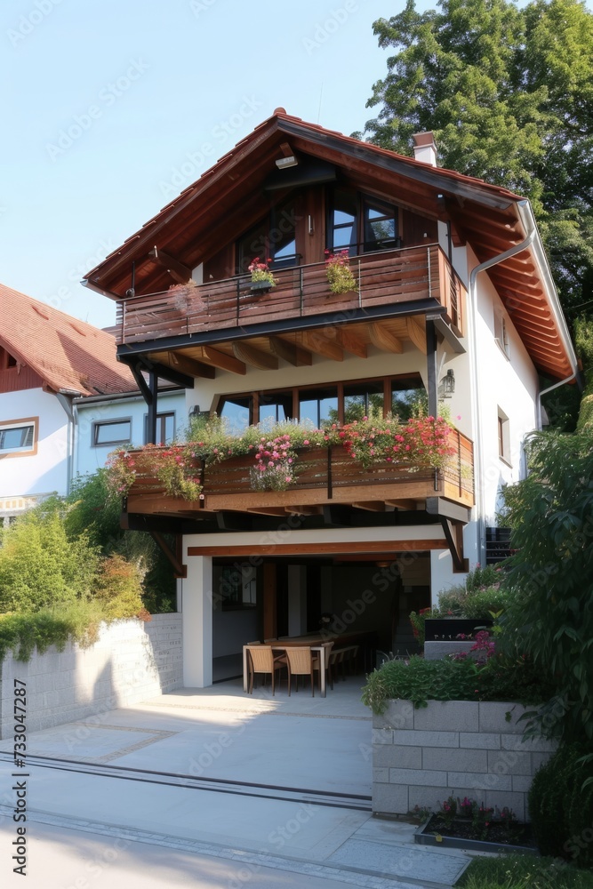 a house with an attached garage with balcony or terrace on the garage 
