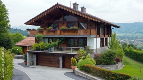 a house with an attached garage with balcony or terrace on the garage   © cff999