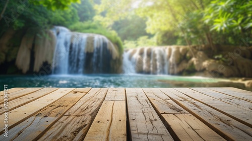 Exotic Waterfall View from Wooden Table in Lush Landscape