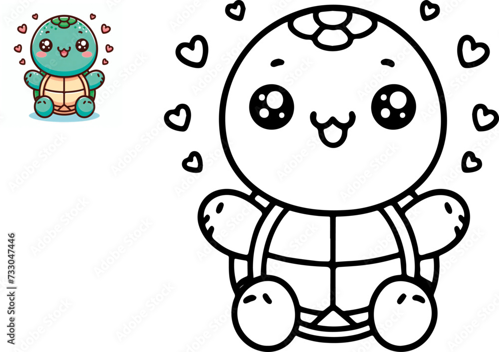 Black and white cute cartoon turtle. Coloring book for the children. Vector illustration