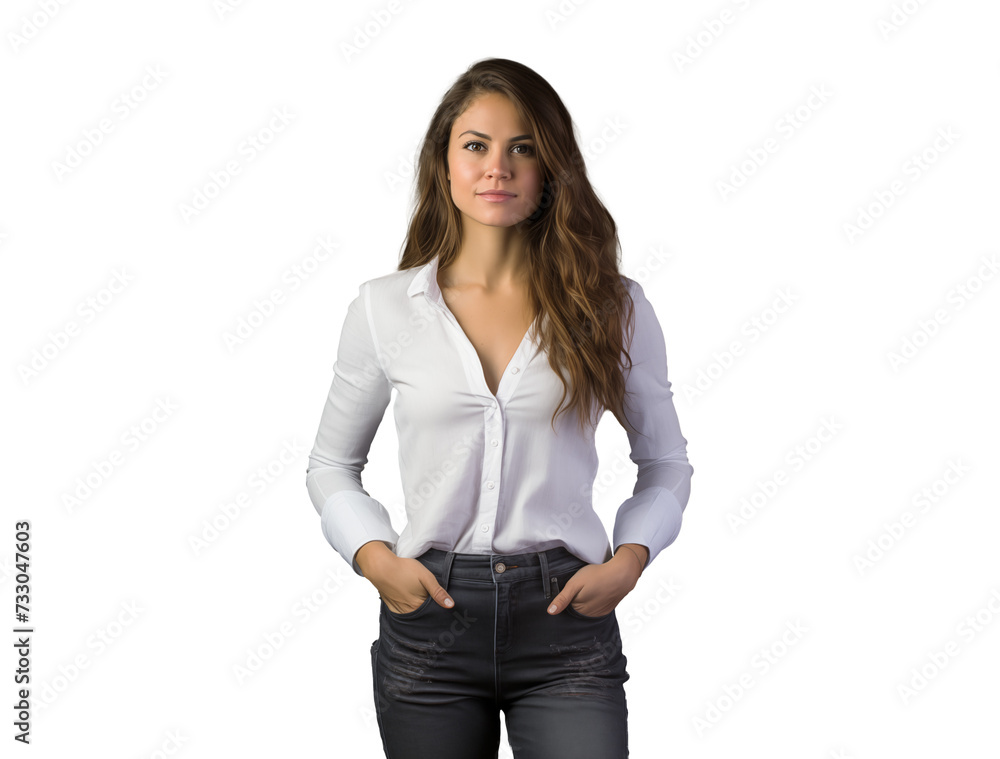 young woman stand with her hands in pockets young woman stand with her hands in pockets