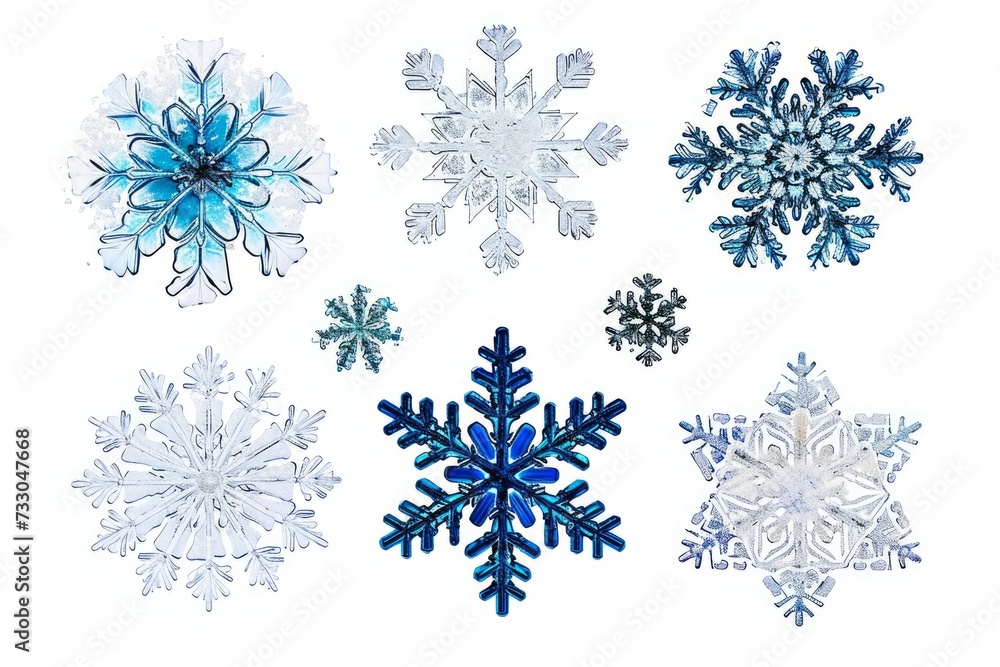 Set of different snowflakes isolated on white background. Macro photo of real snow crystals. Generative AI 