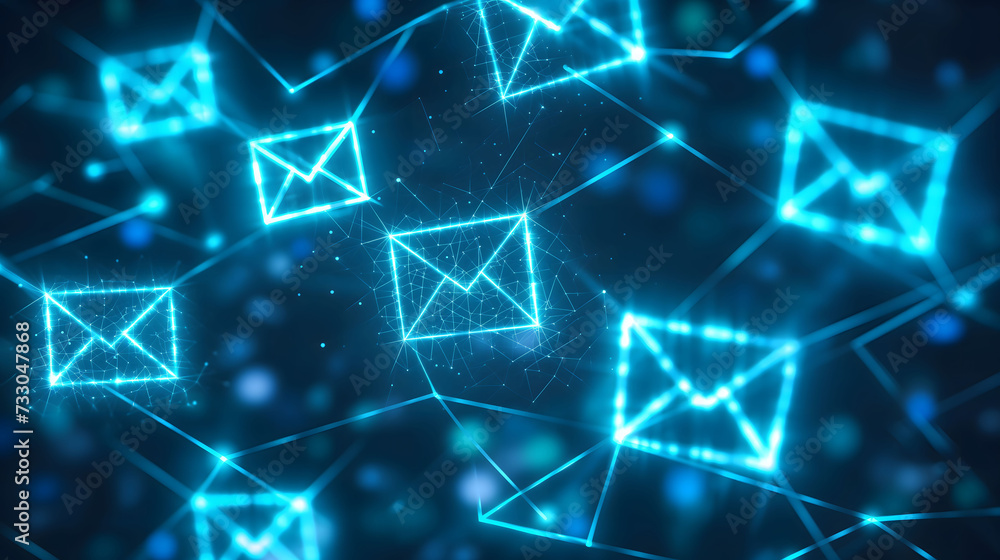 Digital Email Icons Floating in a Networked Space with Glowing Lines