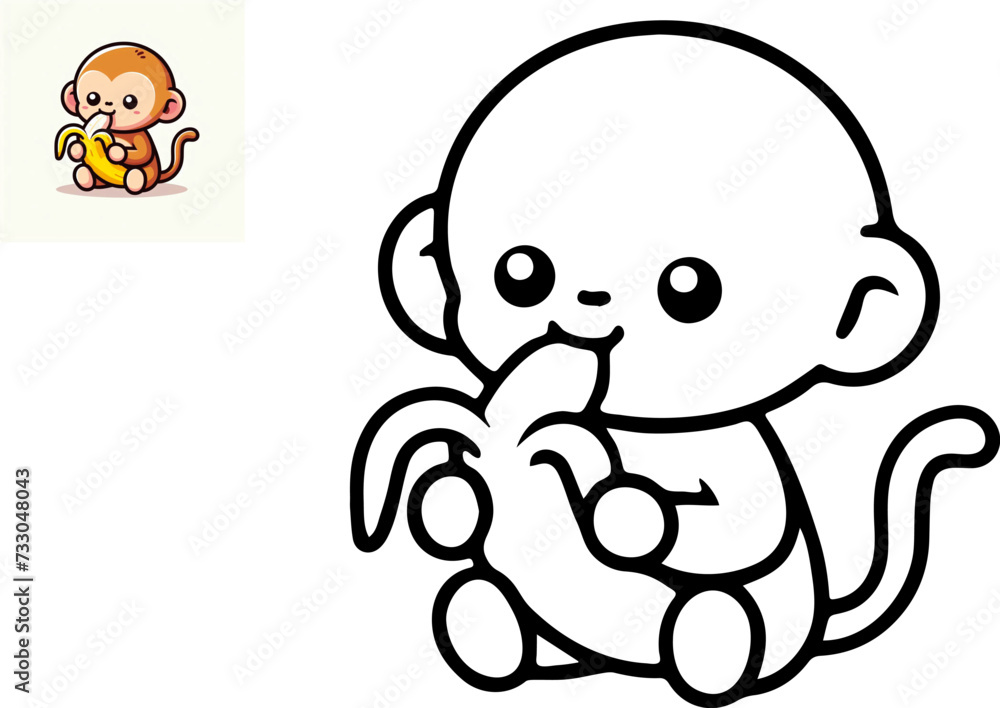 Obraz premium Vector illustration of cartoon monkey with banana, Coloring book