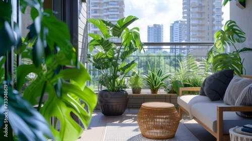 a modern balcony with beautiful furniture and great plants 