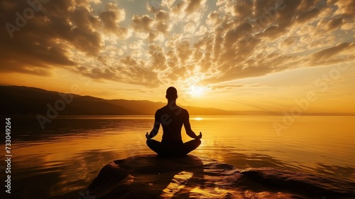 Silhouette of Man Meditating at Sunrise by the Lake