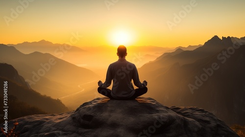 Peaceful Meditation at Sunrise on Mountain Overlooking Valley