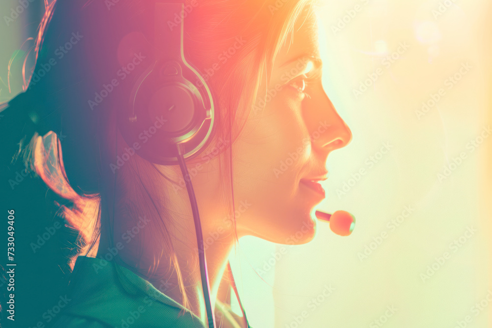 Young woman working in call centre, surrounded by colleagues. Young woman working in call centre, surrounded by colleagues.