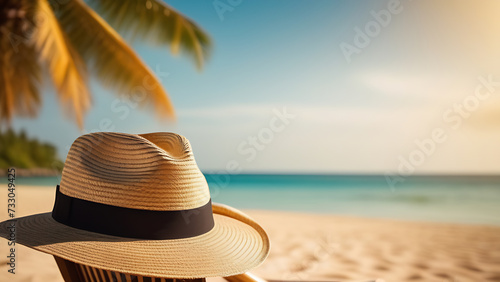 Wide-brimmed hat on the sun lounger at the beach near palms  the sea  white sand. Travel  vacation concept banner.