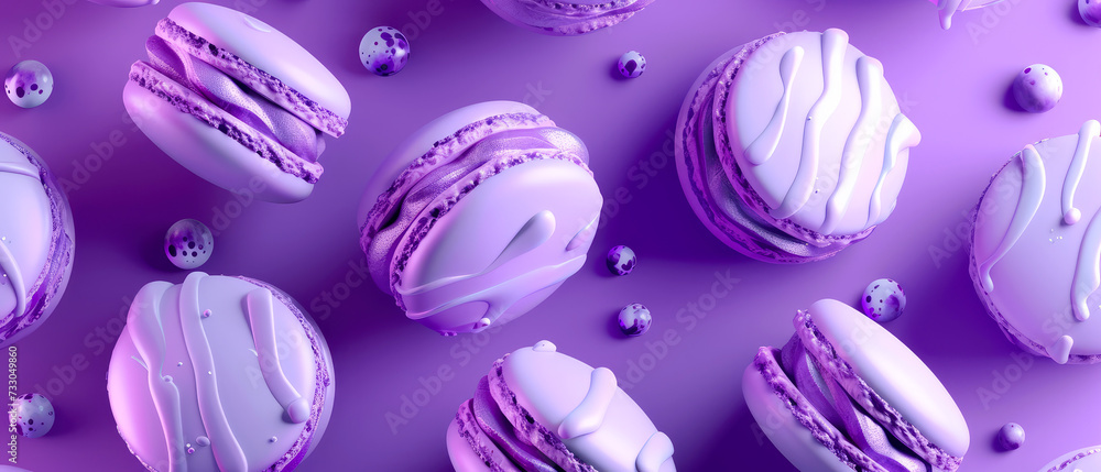 Purple macarons with decorations on purple background . Pastry food mockup.Flat lay. Minimal. Generative ai