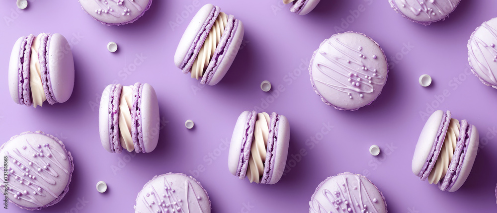 Purple macarons with decorations on purple background . Pastry food mockup.Flat lay. Minimal. Generative ai Purple macarons with decorations on purple background . Pastry food mockup.Flat lay. Minimal. Generative ai