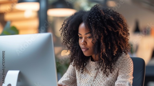 Beautiful african american businesswoman sitting with laptop computer