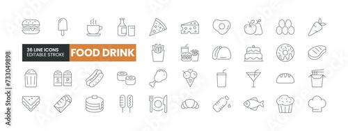 Set of 36 Food and Drink line icons set. Food and Drink outline icons with editable stroke collection. Includes Pizza, Burrito, Eggs, Chicken, Fish, and More.