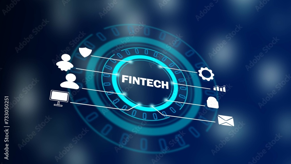 Fintech text. Fin-tech icon and various graph and technology business growth concept illustration. 