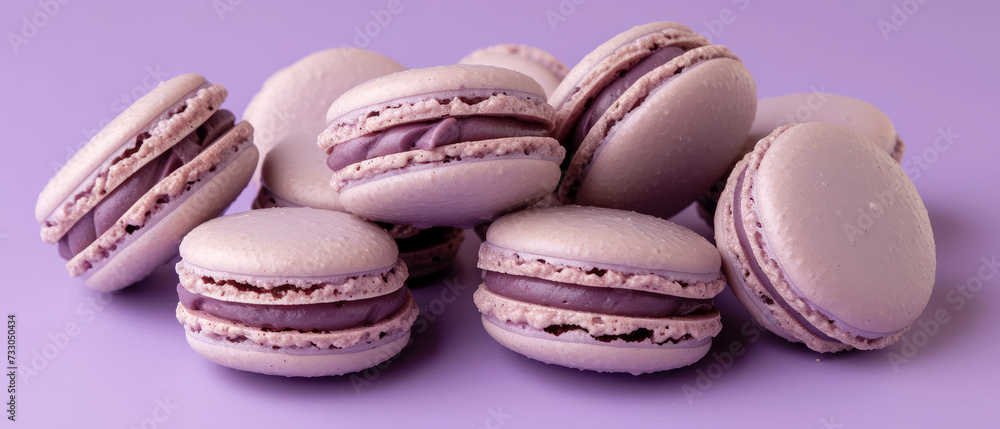 Close up of purple macarons with decorations on purple background . Pastry food mockup.Minimal. Generative ai Close up of purple macarons with decorations on purple background . Pastry food mockup.Minimal. Generative ai