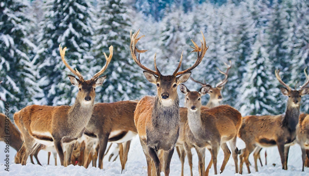 a noble deer male with female in the herd against the background of a beautiful winter snow forest artistic winter landscape christmas image a noble deer male with female in the herd against the background of a beautiful winter snow forest artistic winter landscape christmas image