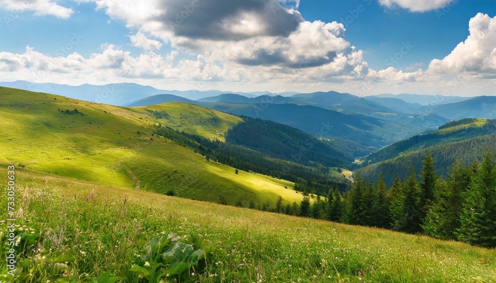 mountainous carpathian countryside scenery with grassy meadows beautiful rolling landscape in summer with stunning sky and fluffy clouds view in to the distant rural valley from a green hill