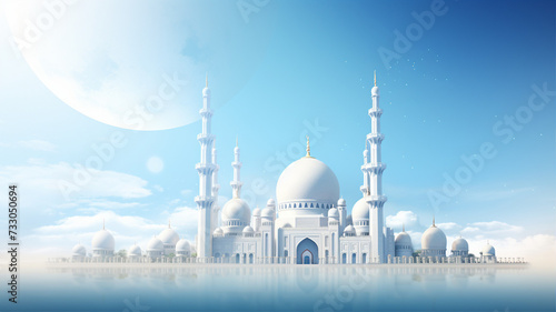 Grand white mosque with minarets and domes under a crescent moon and stars