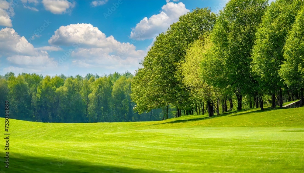 beautiful blurred background image of spring nature with a neatly trimmed lawn surrounded by trees against a blue sky with clouds on a bright sunny day beautiful blurred background image of spring nature with a neatly trimmed lawn surrounded by trees against a blue sky with clouds on a bright sunny day