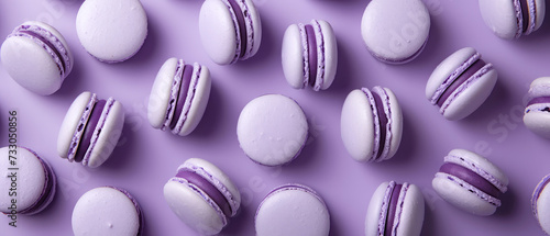 Purple macarons with decorations on purple background . Pastry food mockup.Flat lay. Minimal. Generative ai