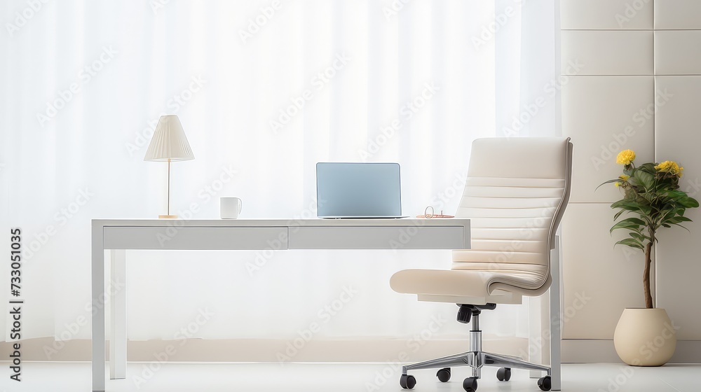 Fototapeta premium laptop on a table with chair on office interior background