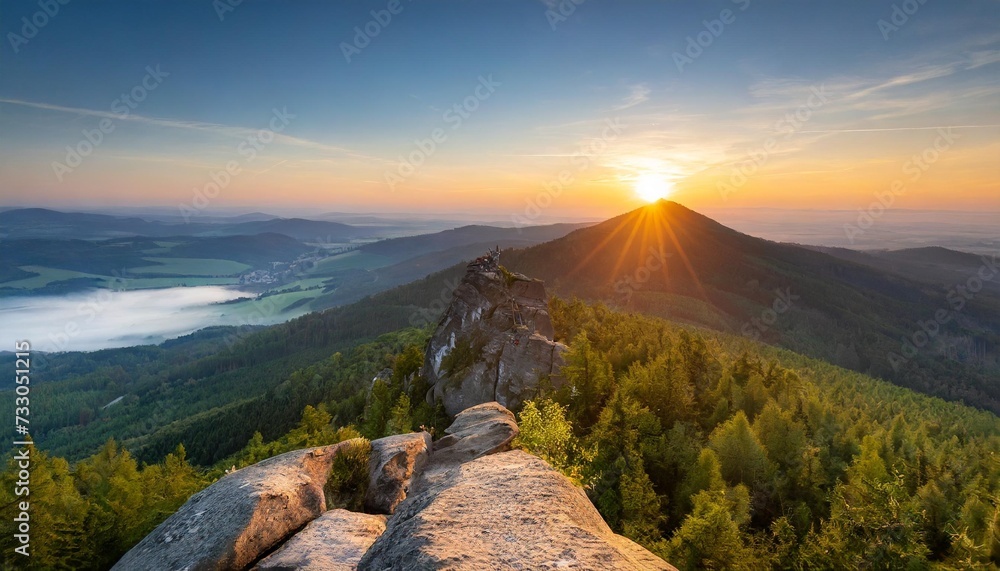 the top of prad d mountain in the czech republic during sunrise - obrazy, fototapety, plakaty 