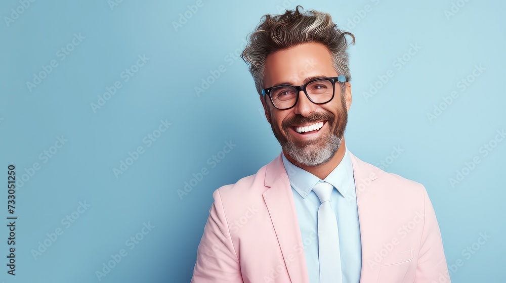 Handsome young man smiley face in pink and white suit