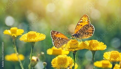 cheerful buoyant spring summer shot of yellow santolina flowers and butterflies in meadow in nature outdoors on bright sunny day macro soft selective focus © Debbie