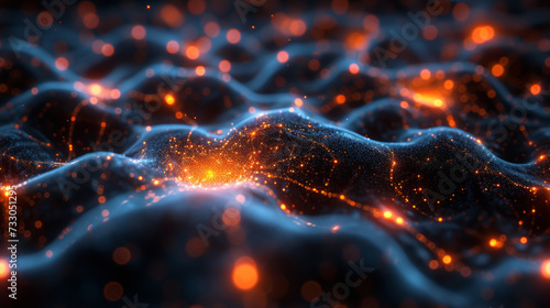 Close-up of neural network impulses. Artificial neural network technology, science, medicine. Technology, research concept.