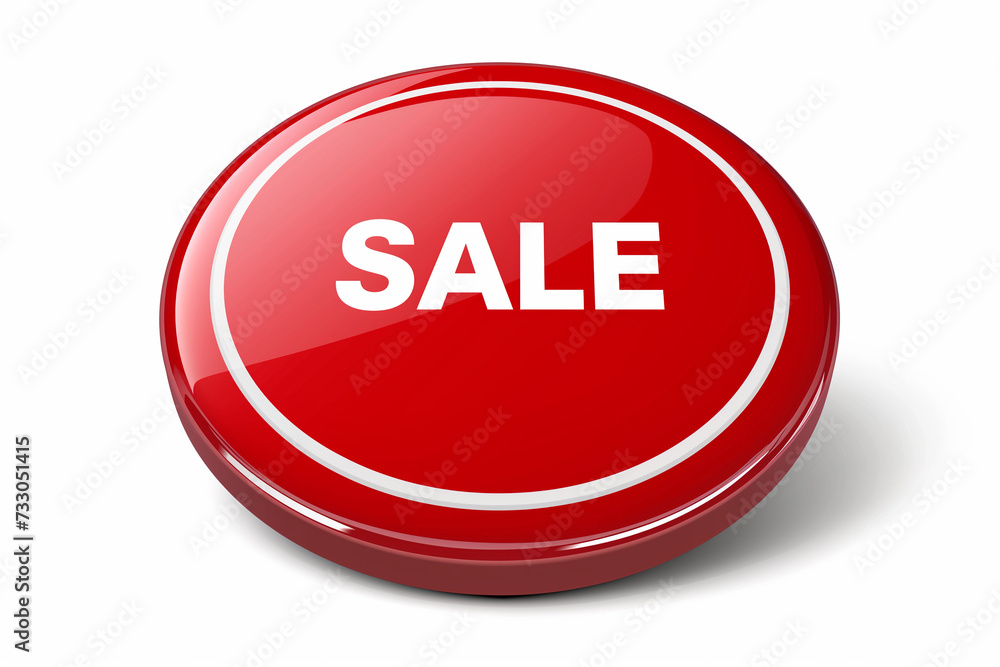 A vibrant red button with the word sale isolated on a bright white background signifying a promotional event A vibrant red button with the word sale isolated on a bright white background signifying a promotional event
