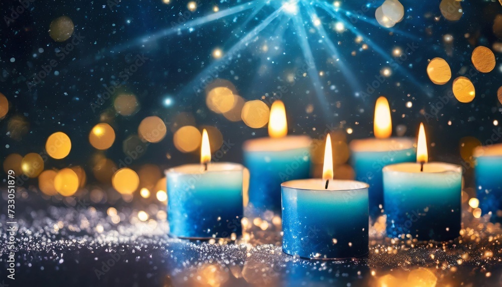 flaming blue candles at night on dark background with stars and lights candles in christian church as catholic symbol abstract festive backdrop christmas eve or chanukah banner with copy space flaming blue candles at night on dark background with stars and lights candles in christian church as catholic symbol abstract festive backdrop christmas eve or chanukah banner with copy space