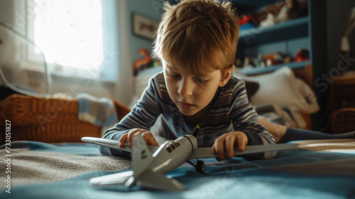 Portrait of a little boy playing with a toy airplane. The child plays at home and dreams of becoming a pilot. Concept of dreams, childhood.