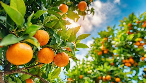 ripe orange fruits on orange tree between lush foliage view from below