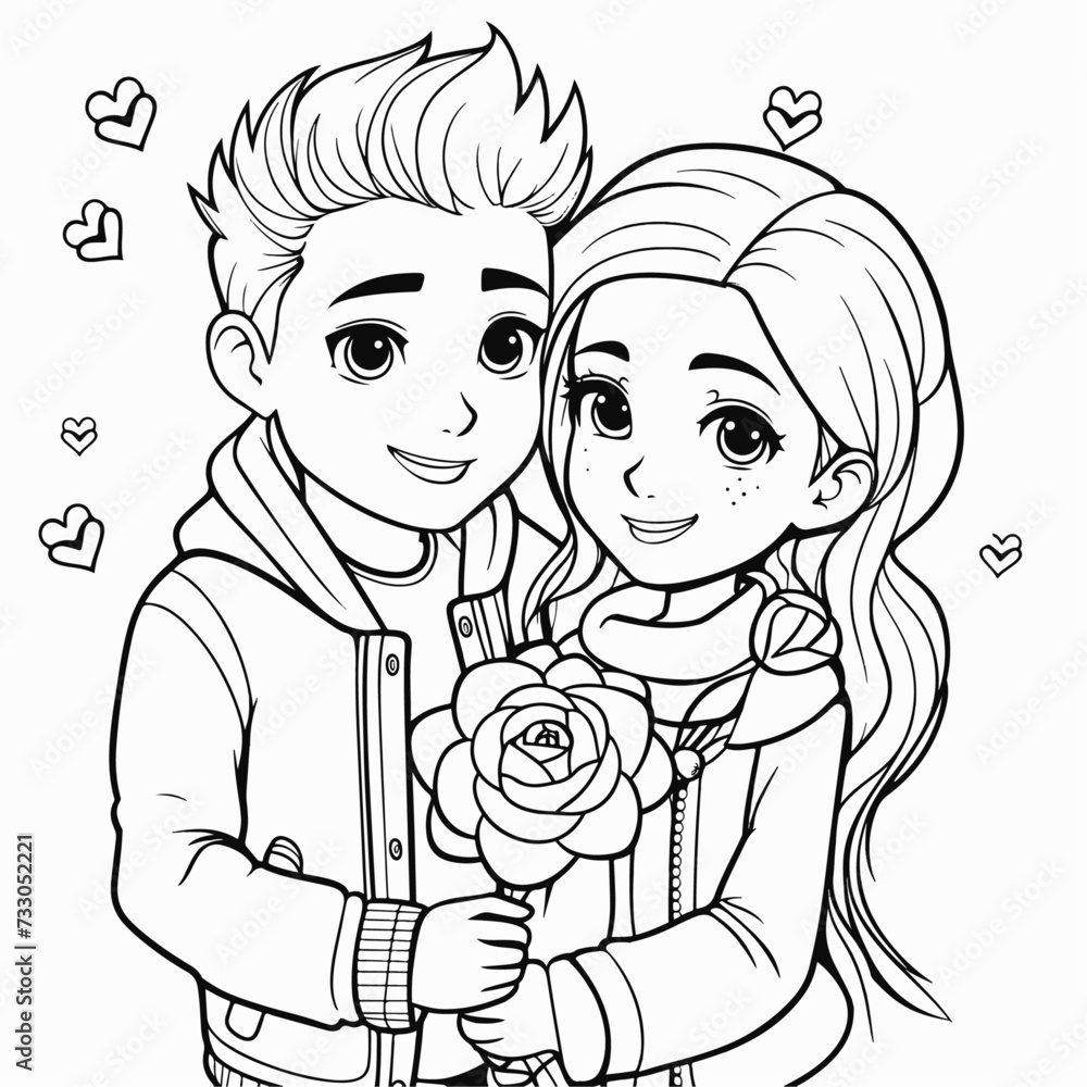 A charming vector line art illustration of a cute couple deeply in love, showcasing their affection for each other A charming vector line art illustration of a cute couple deeply in love, showcasing their affection for each other