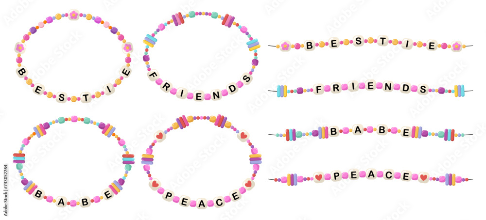 Collection of vector jewelry, children's ornaments. Bracelet of handmade plastic beads. Set of bright colorful braided bracelets with letters from words bestie, friends, babe, peace. Collection of vector jewelry, children's ornaments. Bracelet of handmade plastic beads. Set of bright colorful braided bracelets with letters from words bestie, friends, babe, peace.